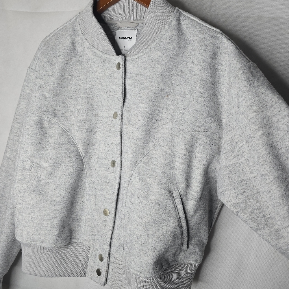 Sonoma Gray Cropped Bomber Jacket Snap Front Minimalist Casual Varsity L